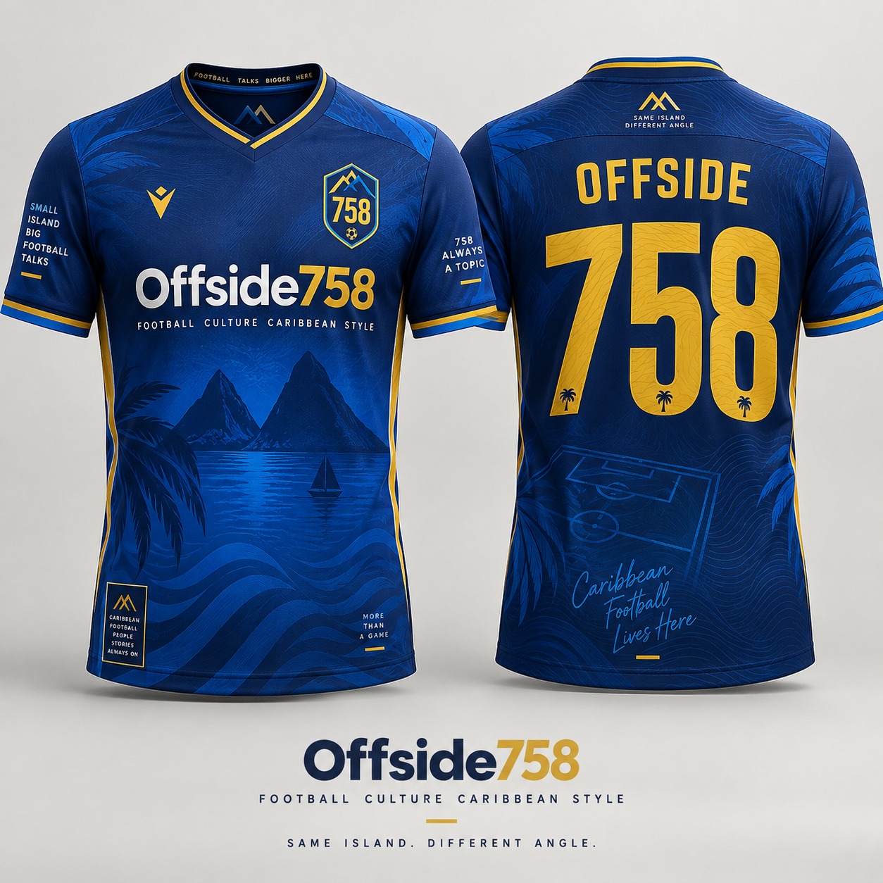 Offside758 jersey mockup, front and back, in Saint Lucia blue and gold with Piton silhouettes